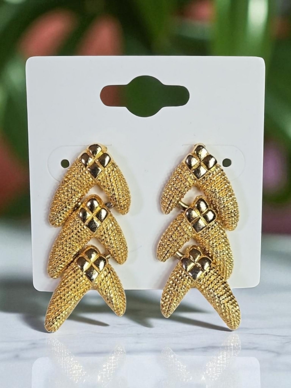 Vintage Gold Textured Chevron Drop Earrings